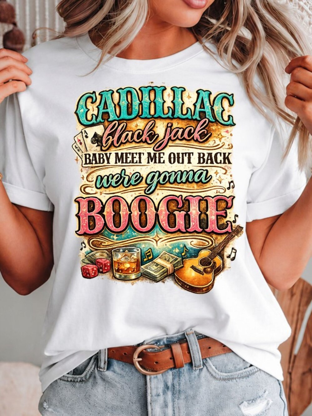 Cadillac Black Jack Meet Me Out Back Boogie Graphic T-Shirt Womens Western Tee